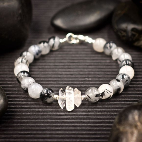 Tourmalinated Quartz and Herkimer Diamond Bracelet - Handmade to Order - Picture 1 of 2